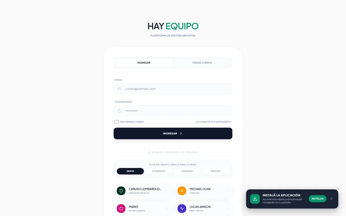 Pantalla de ingreso de HayEquipo